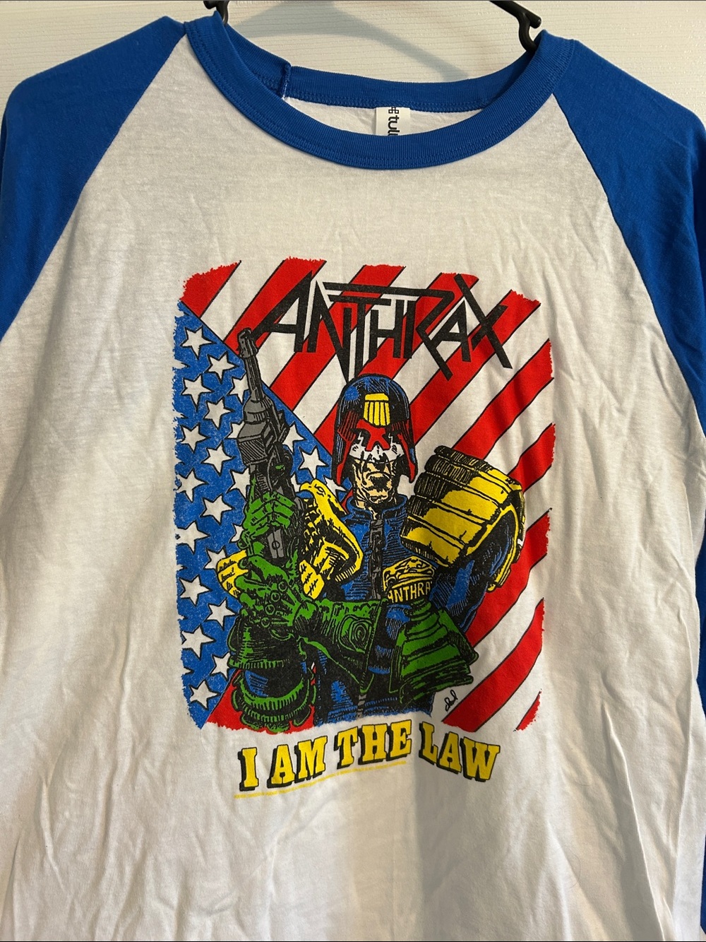 Anthrax 'I Am The Law' Rock Raglan Tee - White & Blue